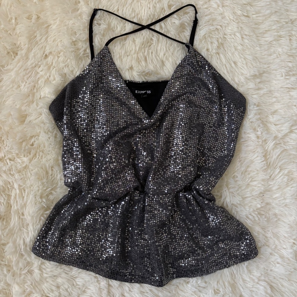 Express Silver Sequin Peplum Cami Top Surplice Crisscross Back Size L